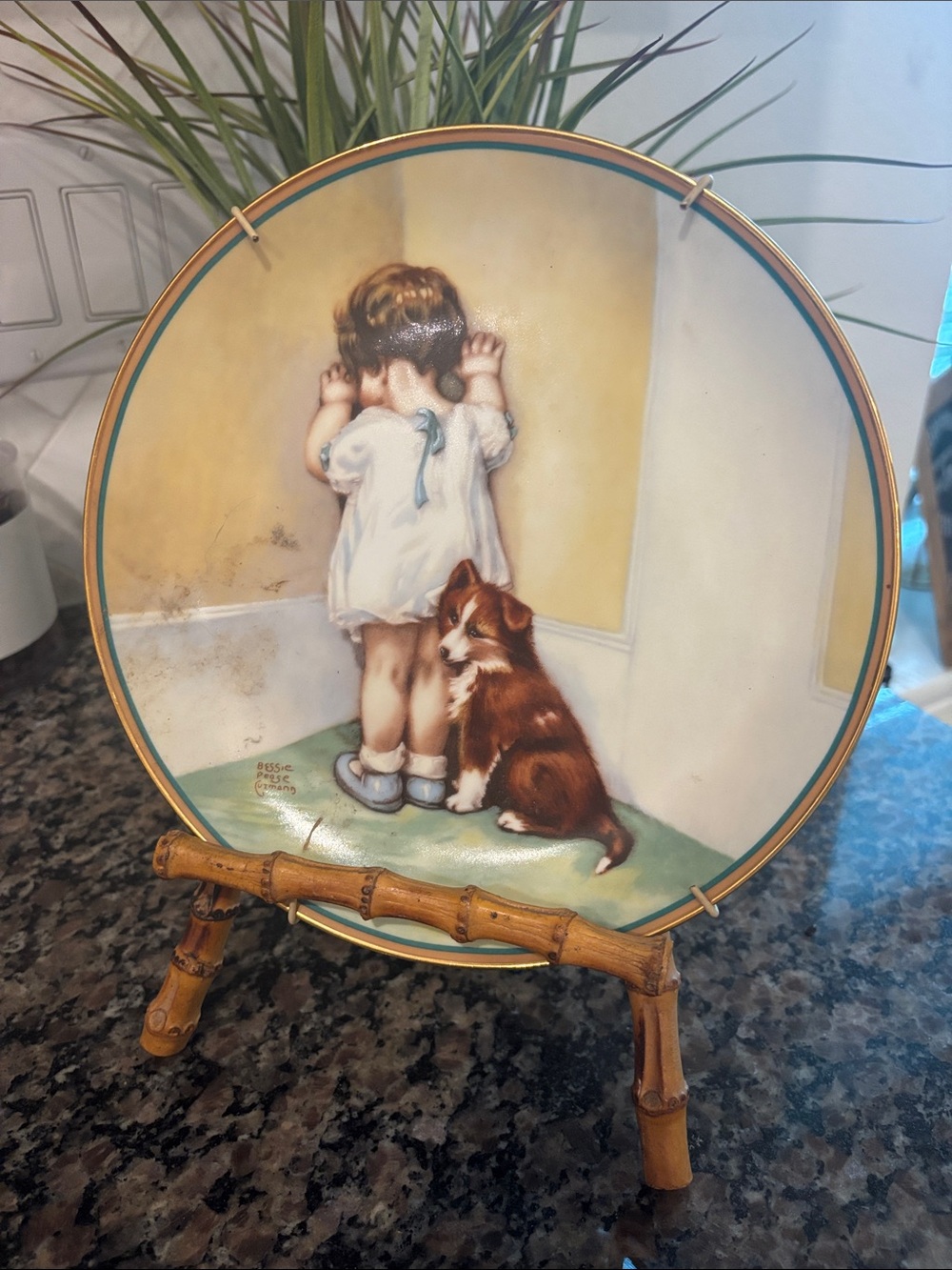 Decorative Porcelain Plate with Girl and Puppy Illustration - Blue Accents